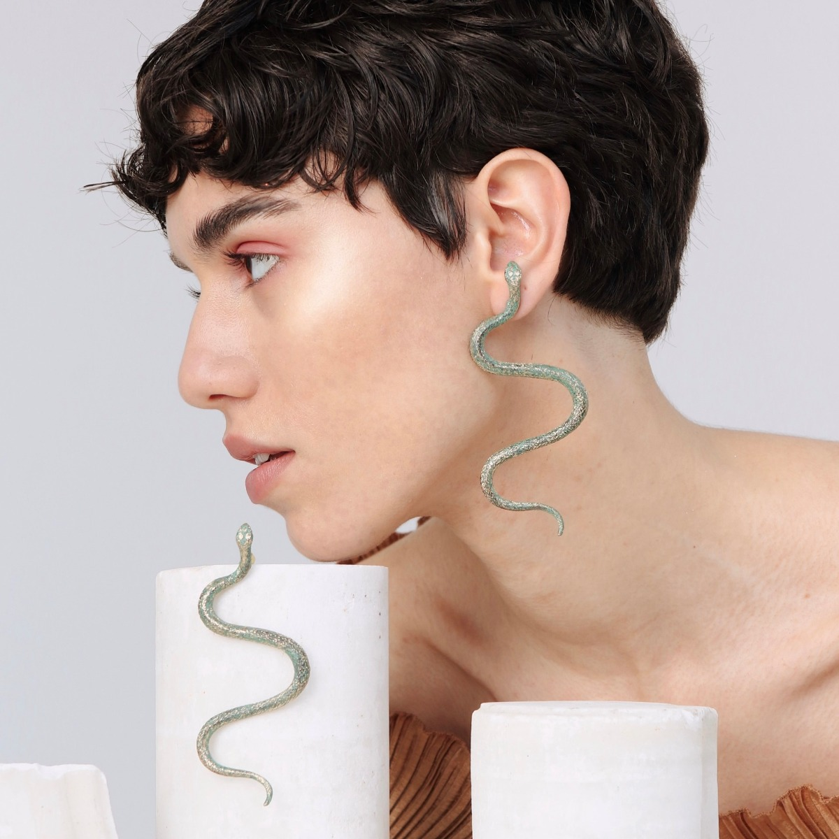 Kalliope. Women's Ancient Greek Jewelry. Cobra Bronze Earrings.