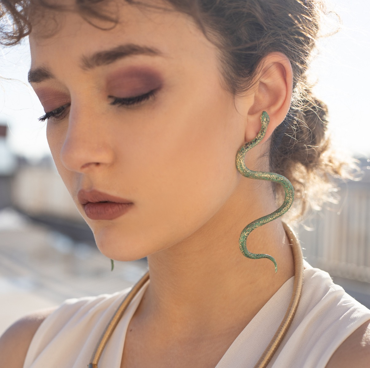 Kalliope. Women's Ancient Greek Jewelry. Cobra Bronze Earrings.