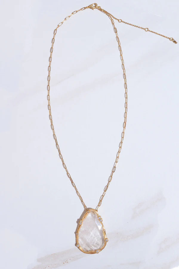 Best Selling USA Brand. Rare Matters. Clear Quartz Teardrop Gemstone Pendant Necklace. Sustainable Jewelry.