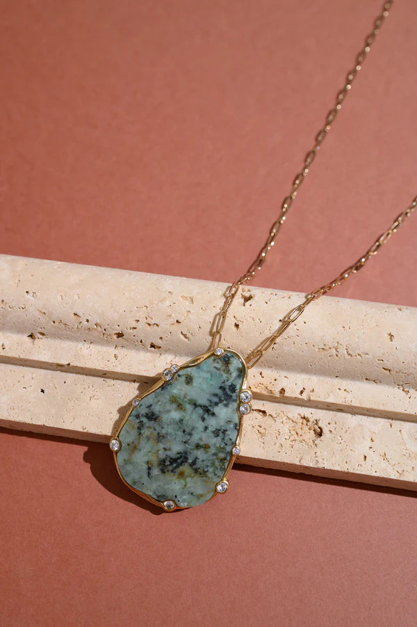 Best Selling USA Brand. Rare Matters. African Turquoise Teardrop Gemstone Pendant Necklace. Sustainable Jewelry.