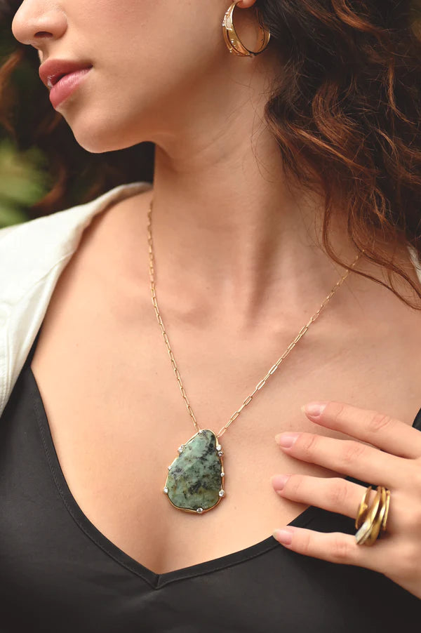 Best Selling USA Brand. Rare Matters. African Turquoise Teardrop Gemstone Pendant Necklace. Sustainable Jewelry.