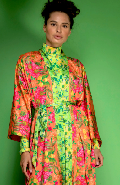 Nuvula. Orange, Green Floral Satin Kimono